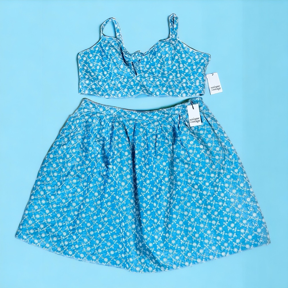 Unique Vintage Chambray Floral Denim Eyelet Jayne Swing Skirt Size 4X NWT - Picture 2 of 16
